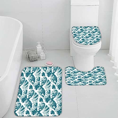 TiaoTian Badematten Set 3D 40x60 Kanagawa Badezimmerteppich-Set absorbierend 3-teiliges maschinenwaschbare weich badteppich schnell trocknend Wellen Japan Manga Badvorleger mit wc deckelbezug