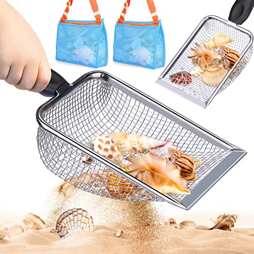 Vodolo 2 PCS Beach Mesh Shovel with 2 PCS Mesh Beach Bag for Filter Sand, Kids Shell Collecting Scooper for Picking Up Shells, Shark Tooth Sifter for Boys and Girls, Beach Toy