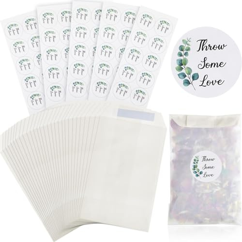 Tenare 50 Sets Paper Confetti Bags Wedding and Stickers, Green Leaf Style | 105 x 70 mm Glassine Bags, Confetti Bags for Petal, Note, Bridal Shower Wedding Party Favor Supplies, Translucent