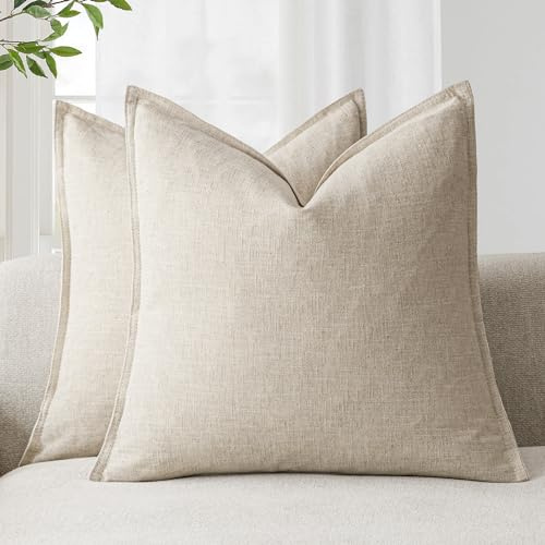Foindtower Pack of 2, Decorative Linen Soild Throw Pillow Covers Soft Accent Cushion Case Boho Farmhouse Neutral Pillowcase for Couch Sofa Bed Living Room Home Decor 22 x 22 Inch Natural Beige