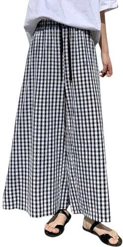 Dam rutiga breda ben Culotte byxor Gingham hög elastisk midja beskurna Palazzo byxor med fickor dam rutiga klänningsbyxor, Svart, M