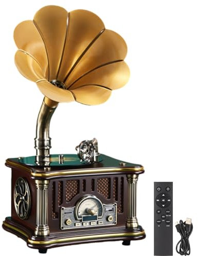 Gramophone Vintage, Old Style Phonograph with Bluetooth Connection/USB FM Radio, Living Room European Style Nostalgic Ornaments Style Vinyl Record Player,Brown