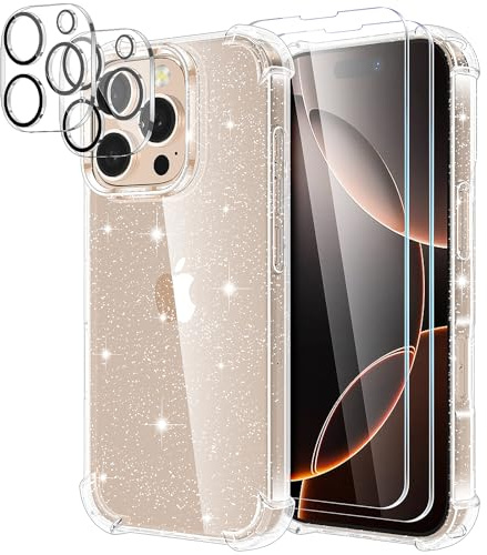 YIRSUR Glitter Case Compatible with iPhone 16 Pro Max with 2 Screen Protector and 2 Camera Lens Protector, Glitter Air Cushion Soft TPU Bumper Anti-Scratch Shockproof Sparkle for iPhone 16 Pro Max