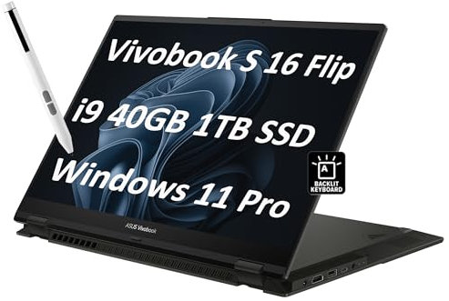 ASUS Vivobook S 16 Flip Laptop 2 en 1 (pantalla táctil FHD+ de 16 pulgadas, Intel 14-Core i9-13900H, 40 GB de RAM, SSD de 1 TB, IST HUB) para creador, fotógrafo, diseñador, KB retroiluminado, Win 11