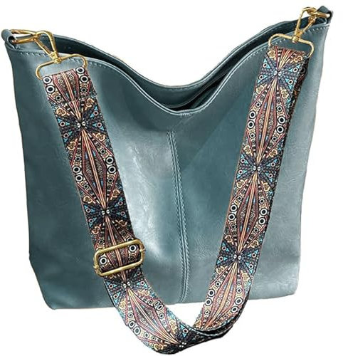 HAIWILL Umhängetasche Damen Große Crossbody Bag Damen mit Breiter Gurt Leder Hobo Bag Shopper Tasche Retro Schultertasche Handtasche für Alltag, Büro, Schulausflug und Einkauf (Mittelgroß- Blau)