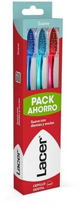 LACER - Pack de 3 Cepillos de Dientes Suaves, Ideal para Encías Delicadas, Cerdas Suaves, Filamentos Tynex, Máxima Eficacia, Elimina la Placa Bacteriana y la Higiene Bucal Diaria
