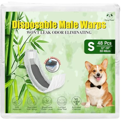 Flying Paws Pannolini per cani maschi, S-48 usa e getta con carbone attivo, neutralizzazione degli odori, pannolini morbidi e traspiranti, pantaloni per incontinenza per cuccioli S-48 Count