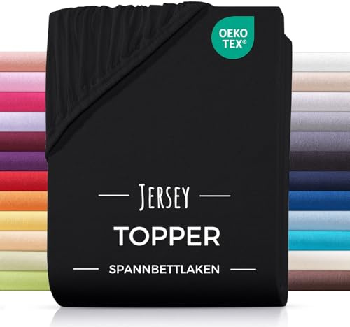CARPE SONNO Topper Spannbettlaken 140x200 [100% Baumwolle & Oeko-TEX 100] Jersey Spannbettlaken Topper Bezug 140x200 [bis 10 cm Höhe] Topperbezug Bettlaken 140x200 | Spannbetttuch 140x200cm Schwarz