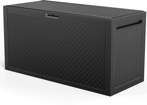 VINGLI 90 Gallon Outdoor Storage Box, Lockable Plastic Storage Containers with Lid, Patio Deck Box Furniture for Garden, Pool, Balcony, Yard (Black)