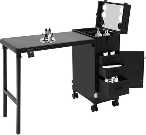 Valise de Maquillage Professionnel avec Table,Pliable Valise Coiffure avec Lampe et Roues,Dimmable 3500-6500K,pour Maquilleurs, Coiffeurs, Esthéticiennes (Noir)