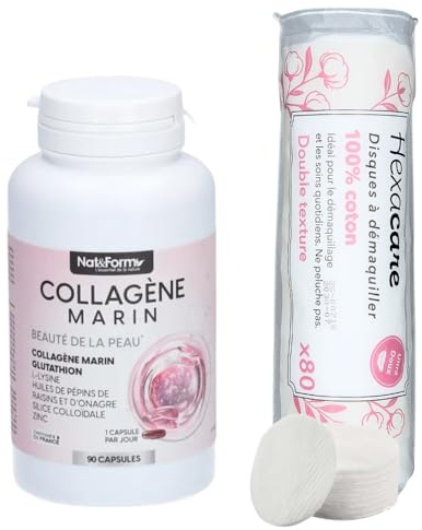 Collagène Marin Nat&Form 90 Capsules et 80 Cotons Ronds HEXACARE OFFERTS – Beauté de la Peau – Glutathion, L-Lysine, Huiles de Pépins de Raisin et d’Onagre, Silice Colloïdale, Zinc