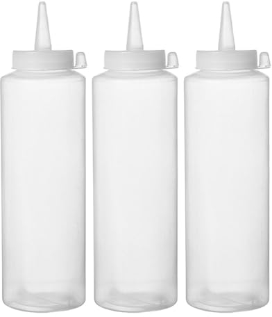 HENDI Bottiglia dosatrice di salse e condimento, riutilizzabile, set di 3 pezzi, biberon dosatore da spremere, flacone squeeze, ketchup, mustard, oli, mousse, 0,35L, ø55x(H)205mm, trasparente, PE, PP