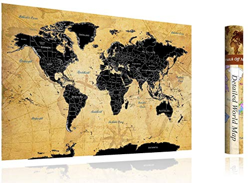 FlyHigh - Poster con mappa del mondo da scoprire grattando la superficie, XXL, in lingua tedesca (82 x 60 cm) con adesivi, raschietto e panno in microfibra (nero)