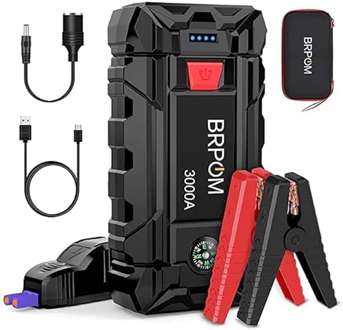 BRPOM Avviatore Batteria Auto, 7000A 26800mAh Avviatore di Emergenza per Auto/Moto, (Motori Fino a 10.0L Gas o 8.0L Diesel) Torcia a LED,Porta USB da per Smartphone