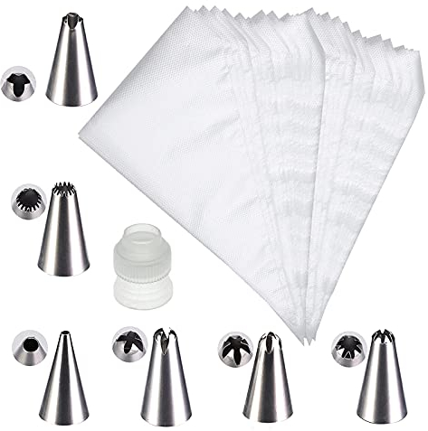 Piping Bag, 100 Pcs Disposable Piping Bags with 1 Pcs Professional Adapter and 6 Pcs Reusable Nozzles, Large Icing Piping Bag for Pastry Sweet Cone Bags and Cake Decorating 30 * 20cm
