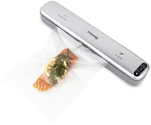 H.Koenig Appareil de Mise sous Sous Vide Alimentaire SSV32, Conservation Alimentents Secs & Humides, Compact, Inclus 10 Sacs sous vide Lavables Réutilisables, Acier