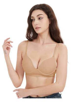 Women Backless Bras Deep Plunge Bra Low Back Bras Push Up Deep V Neck Plunge Backless Bra Invisible Bra Multiway Strap Convertible Bra Wire Lifting Dance Bra UK Size Nude