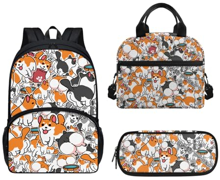 Micoklinlin Mädchen Jungen Schulranzen Set Niedliche Hunde Leichter Kinder Schulrucksack Grundschule Mittelschule Lunchbag und Federmappe Rucksack für Kinder 3 Stück Schulbedarf