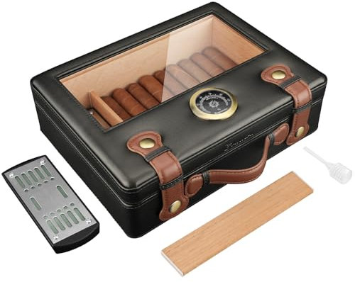 Humidor per Sigari, Scatola Portasigari con Igrometro, Umidificatore e Divisorio, Custodia da Viaggio in Legno di Cedro con Coperchio in Vetro per 30-50 Sigari, Accessori per Sigari da Trasporto