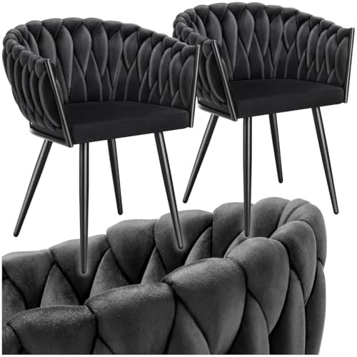 tectake® Set di 2 Sedie da Pranzo con Braccioli, Sedie Soggiorno in Velluto Extra Fine, Design Elegante a Nodo, Poltrone Velluto con Morbida Imbottitura, Sedie per Sala da Pranzo Versatili - Nero