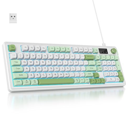 SOLIDEE 96% Trådlöst Membrantangentbord med Vred,Trådad/Bluetooth 5.0/2.4G,Gasket-struktur och RGB-bakgrundsbelysning,Tangenter med Mekanisk Känsla,Krämigt Tangentbord med Sifferplatta(Snow Green)
