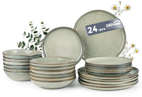 GBhome Stoneware Dinner Sets for 6 People, 24 Pieces Handcrafted Plates and Bowls Set, Scratch Resistant Dinnerware Set, Oven, Dishwasher & Microwave Safe Crockery Set, Desret Sage