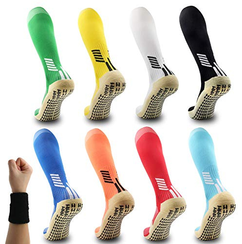 Dee Plus Anti-Slip Compression Socks | Long Over-the-Calf Sports Socks for Football Basketball Soccer | Non-Slip Rubber Grip | Men & Women Running Hiking Cycling Gym (11 Colour) (2 Pair Red)