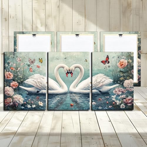 Couple Swans Canvas Wall Art - White Lover Swans on Lake and Rose Flowers Landscape Wall Picture for Living Room Bedroom Office Decorative Wooden Framed Print Poster Artwork 12x16 Inch 3 Panels