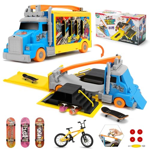 Tlater Finger Skateboard Ramp Set for Kids Portable Transforming Finger Skate Park Storage Truck with Mini Finger Bike Foldable Skate Ramp Scooter Creative Birthday Gift for Boys Girls Ages 3+
