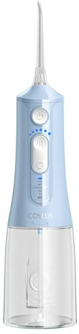 COSLUS C51 Irrigador Dental Portatil: 3 Modos y 6 Presión Ajustable - 300ml IPX7 Irrigador Bucal Inalámbrico para Ortodoncia/Encías Sensibles -Limpieza Dientes de Hogar Viaje Baño con 4 Boquilla Azul