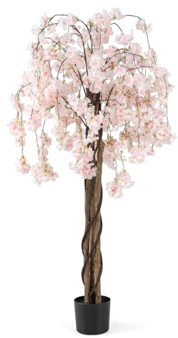 RELAX4LIFE Planta Artificial de Cerezo 170 cm con Flores de Color Degradado, Tronco de Madera y Maceta de Cemento, Cerezo Arbol para Hogar, Boda, Fiesta y Oficina (170 cm,Blanco,1)