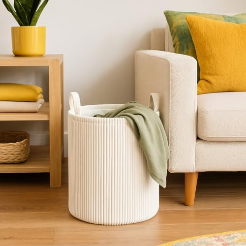 PUTSKA Blanket Basket – Round Storage for Toys and Blankets, Clothes, Stuffed Animals – Soft Baby Basket for Nursery, Kids Room, Bedroom, Living Room – Large, Cream