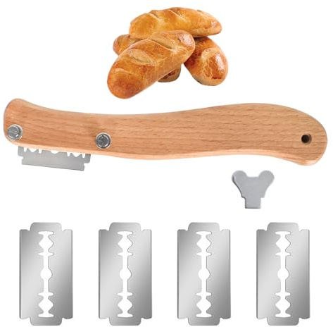 FooYee Manico in Legno Rasoio Pane, Taglierino per Pane, con 5 Lame in Acciaio Inossidabile, Bread Lame, Coltello da Panettiere, Lama per Incidere Panes, per Cuocere, Intagliare Modelli di Pane Crudo