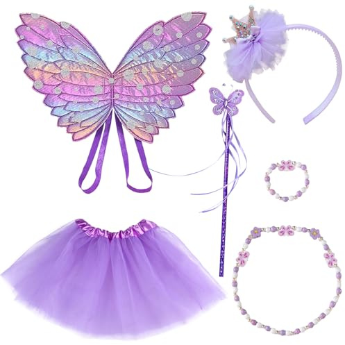 UJBVCX Ensemble de 6 Pièces Deguisement Fee, Ailes de Papillon, Couronne de Princesse, Baguette Magique, Jupe Tutu,Collier Papillon, Accessoires pour Enfant Fille Carnaval Cosplay Party Fête