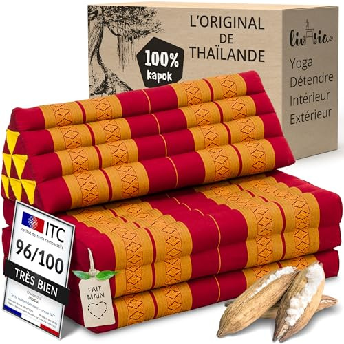 livasia cuscino thai per due persone XXL - 190x80x8cm - cuscino triangolare a 3 segmenti materasso pieghevole, kapok largo, per la schiena pieghevole, meditazione (Rosso/Giallo)