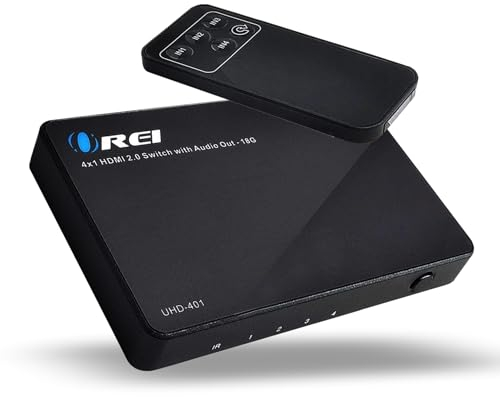 OREI Ultra HD HDMI 4 x 1 Switcher 18G Audio Extractor IR Remote - Supports Upto 4K @ 60Hz - (4 Input, 1 Output) Switch, Hub, Port for Cable, HD TV, Laptop, MacBook & More (UHD-401)