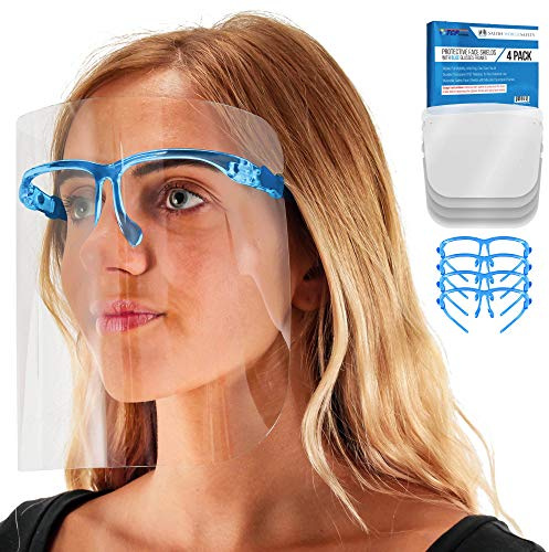 TCP Global Salon World Safety Face Shields with Blue Glasses Frames (Pack of 4) - Ultra Clear Protective Full Face Shields to Protect Eyes, Nose, Mouth - Anti-Fog PET Plastic, Goggles