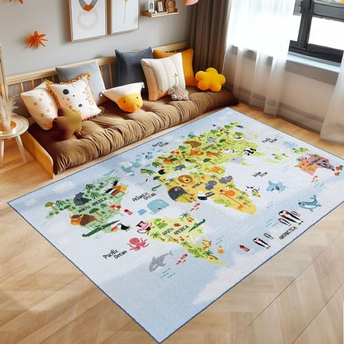 SIMPEX Tappeto Bambini Blu 140x200 cm Mappa del Mondo con Animali Design Moderno Antiscivolo Lavabile Morbido Antiallergico Cameretta