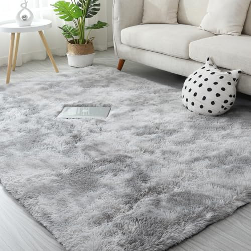 Gsogcax Grey Rugs Living Room 120x160cm Super Soft Fluffy Area Rugs for Bedroom Shaggy Anti-Skid Comfortable Large Rugs Indoor Modern Home Decor Floor Carpet -(Tie-dye)