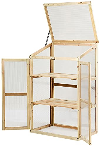 GIANTEX Frühbeet Mini-Gewächshaus, Frühbettkasten Treibhaus Holzrahmen, Bettkasten mit geneigtem Dach, Gewächshaus Pflanzenbeet für Garten Balkon (60x45x100 cm)