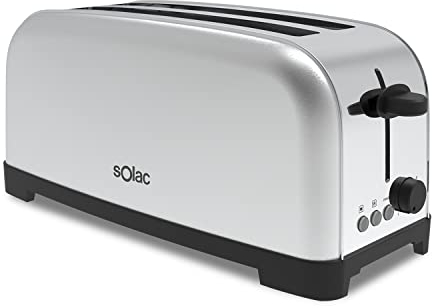 Solac Yé-Yé - Tostador, 1400W, 6 niveles de tostado, dos ranuras extra largas de anchura variable, funciones: stop, recalentar y descongelar, bandeja recoge migas, acero inoxidable