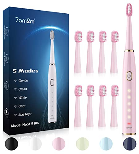 7AM2M Sonic Electric Toothbrush for Adults and Kids- High Power Rechargeable Toothbrushes with 8 Brush Heads,5 Adjustable Modes, Built-in 2-Minute Smart Timer,4 Hours Fast Charge for 30 Days(Pink)