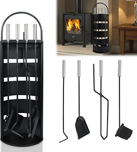 HENGMEI Set di 5 accessori per camino in acciaio inox, set di posate per camino, con supporto, scopa, pinza, gancio, pala per stufa a legna, nero