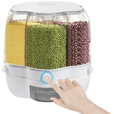 Bazargame 6 IN 1 Getreidespender 8KG 360°Drehung Müslispender Küche Geteilte Trockenfutterbehälter Luftdicht Lebensmittelspender Küchenorganisation Aufbewahrung Weiß