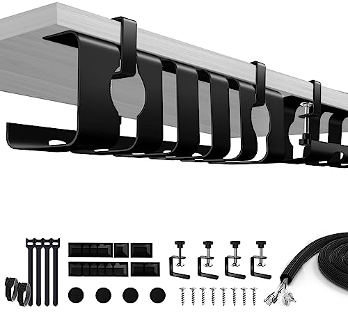 Lannvan Kabelkanal Schreibtisch ohne Bohren - 2er Set Kabelmanagement Schreibtisch Klemmbar Untertisch - Inkl. Zubehör - 43 x 13 x 12 cm Kabelhalter Kabelwanne Tisch - Kabelkorb Schwarz