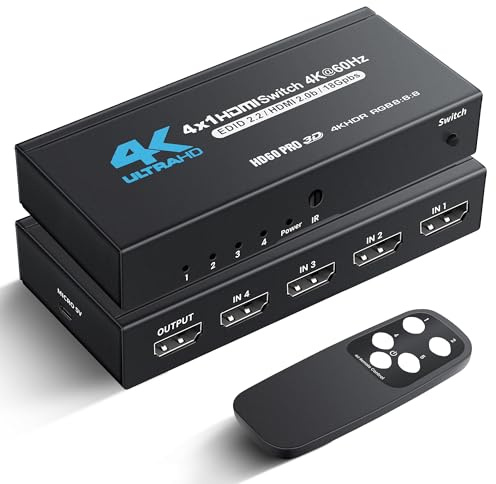 NEWCARE HDMI Switch 4 in 1 Out 4K@60Hz, HDMI Splitter with Remote, 4 Port HDMI Selector Box Support HDMI 2.0, HDCP 2.2, Dolby Vision/Atmos, HDR10 for Switch, Xbox, PS5/4, Roku, Fire Stick