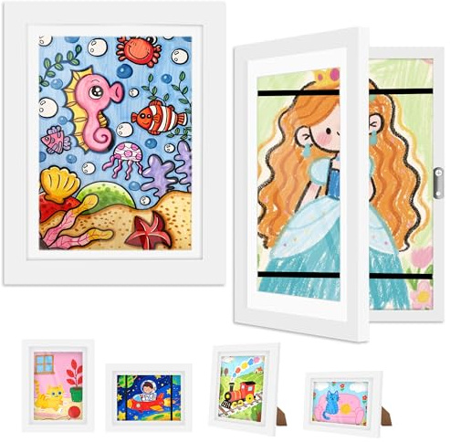 2 Pack Kid Artwork Display Frames, Children Storage Changeable Frame Front Opening A4, Child Multiple Picture Frame Drawing Hanging Art, Hold 50-100 PCS, White