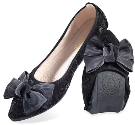 MACHSWON Womens Ballet Flats Sparkly Comfortable Casual Pointed Toe Bow-Knot Slip on Wedding Ballerina Dressy Flats Shoes Women(Black-9, Size 4)