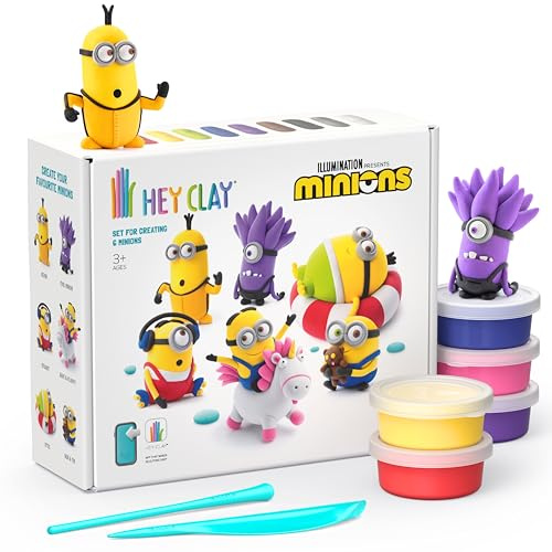 Hey Clay - Coffret Moi, Moche et Méchant Minions - Pâte à Modeler colorée et autodurcissante pour Enfants, avec 15 Pots, Outils de modelage et appli ludique - Dès 3 Ans