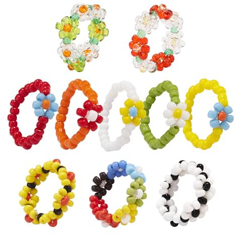 Pwsap 10 STÜCKE, Gänseblümchen Perlenringe für Frauen Mädchen, Bunte Handgefertigte Reisperlen Ringe mit Gummizug, Verstellbarer Boho Stapelschmuck, Statement Kunststoffringe, Fingerknöchel Ringe